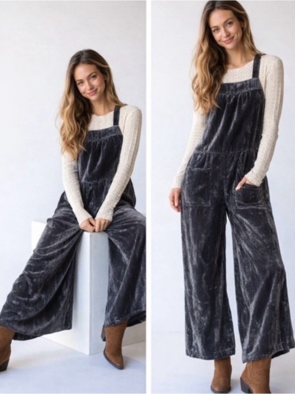 Natural Life Dakota Crushed Velvet Wide Leg Overalls Medium Charcoal NWT Boho